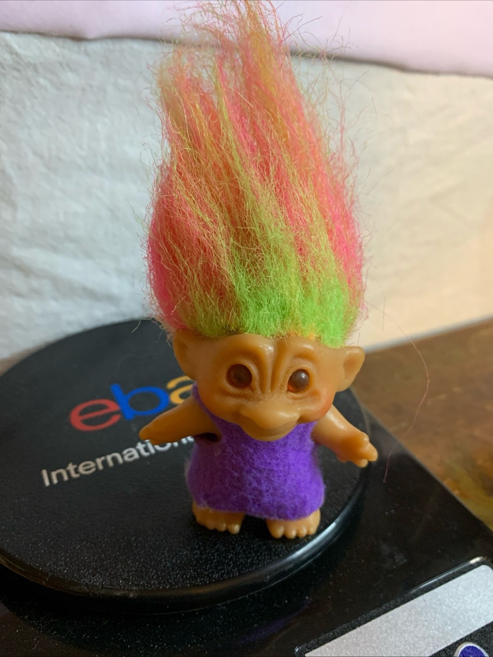 Vintage Troll Doll with Neon Rainbow Hair and Purple Dress - Picture 2 of 7